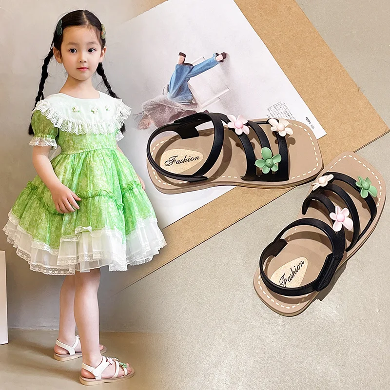 2026 Girls Summer Flower Roman Sandals Anti-slip Soft Sole Open-toe Kids Slides for All Ages