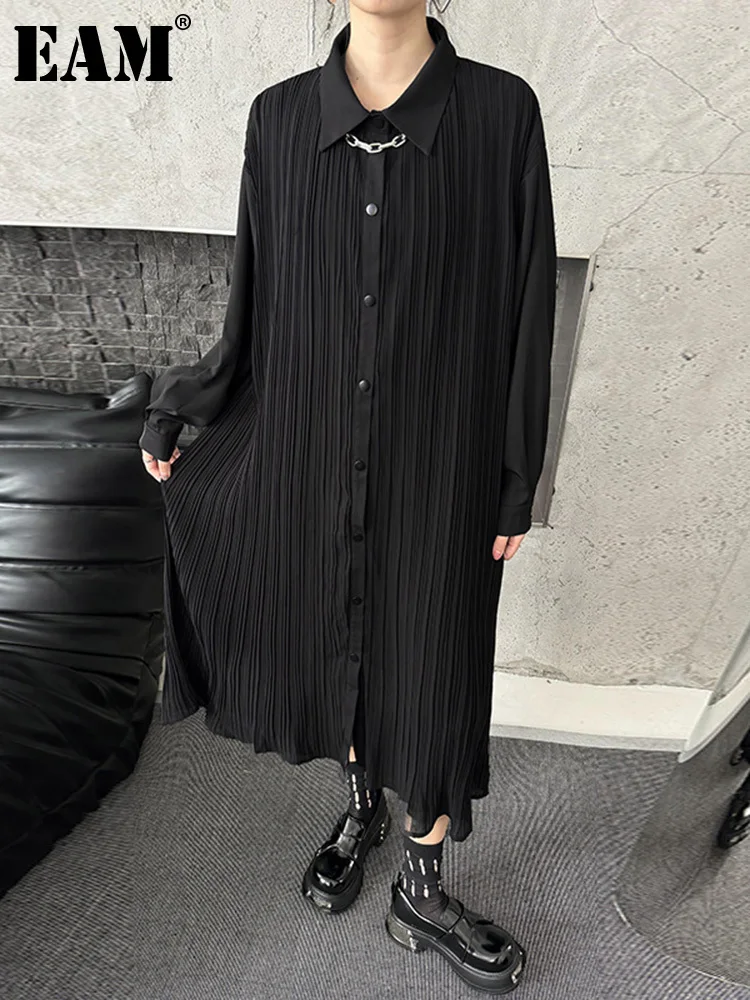 [EAM] Women Black Brief Pleated Elegant Big Size Midi Shirt Dress New Lapel Long Sleeve Fashion Tide Spring Autumn 2025 1DJ0072