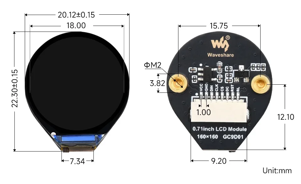 Модуль круглого ЖК-дисплея Waveshare 0,71 дюйма для Raspberry Pi Pico/ESP32/Arduino, 65 тыс. цветов, разрешение 160 × 160