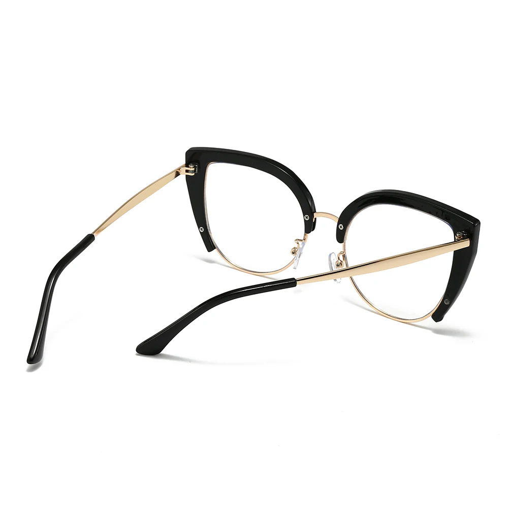 เลนส์แบนตาแมวย้อนยุค คิ้วพลาสติกสีทอง แว่นกรอบใหญ่ครึ่งกรอบ แว่นตาป้องกันแสงสีฟ้าอินเทรนด์สําหรับผู้หญิง
