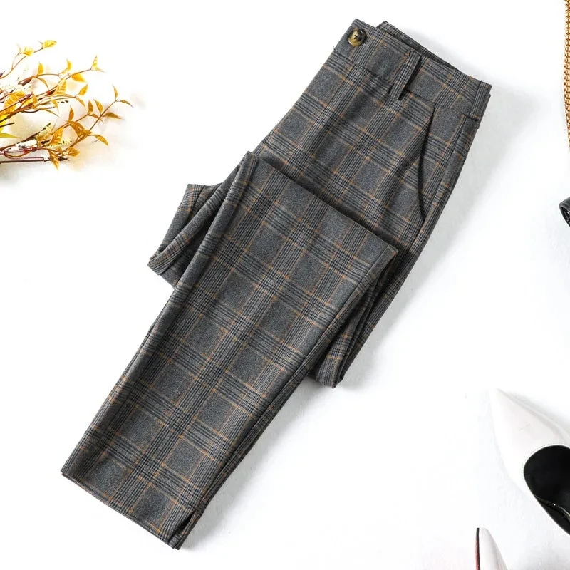 Women Formal Plaid Straight Pants Korean Female Office High Waist Baggy Pantalones Spring Fall Casual Loose Ankle Length Calca