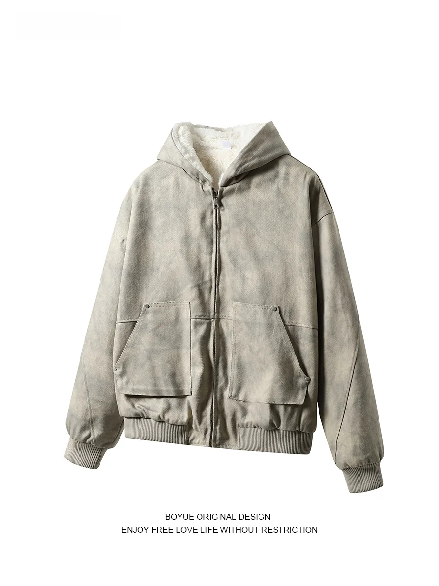 

Boyue Winter Heavyweight Canvas Cotton Jaet Lamb Fur Marble Pattern Hooded ex Warm Coat Youth Faion Long Sve Zipper