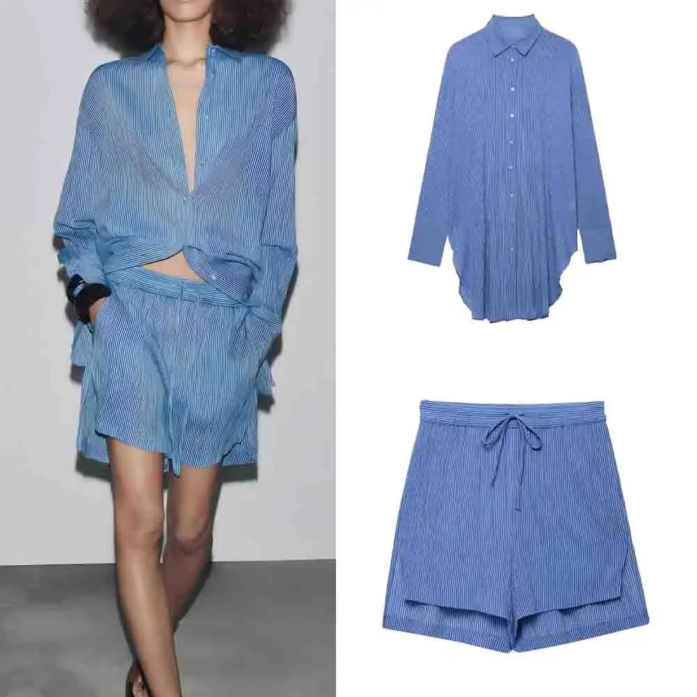 

Women's new fashion loose single breasted long style striped shirt long sleeved lapel women's shirt chic top+Shorts suit