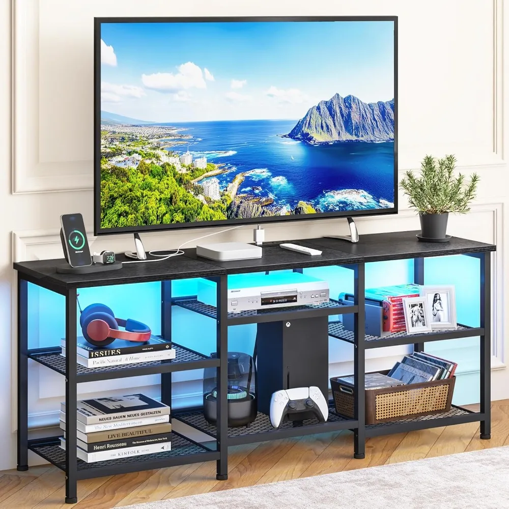 

55 Inch TV Stand: Entertainment Center with Adjustable Shelves, Power Outlet, and LED Illuminated Open Storage