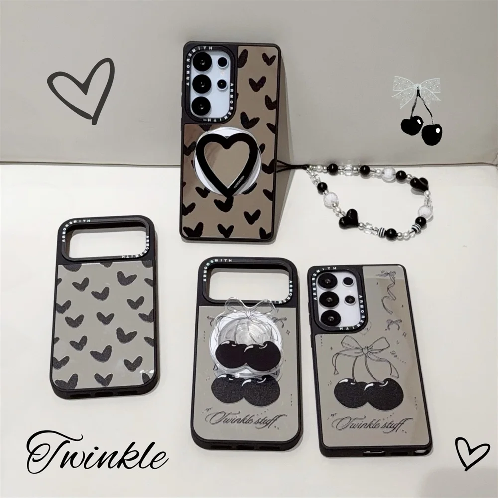 Korean Cute Cherry Love Mirror Phone case for for Samsung Galaxy S25 Plus S24FE S23 Ultra S26 Cover with Magsafe Holder Chain