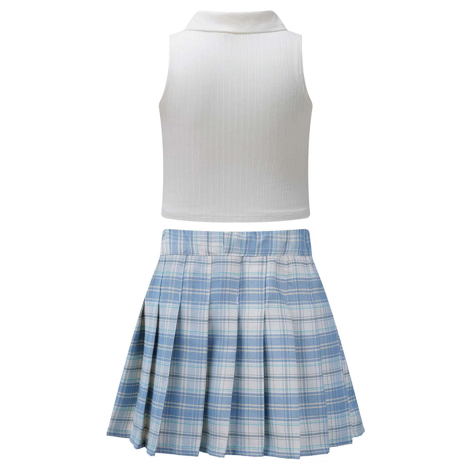 Kids Golf Tennis Skirt Set Girls Turn-Down Collar Sleeveless Ribbed T-shirt Vest with Plaid Pleated Skirt for Sports