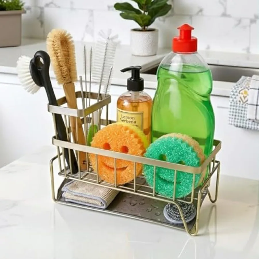 

Sponge Holder for Kitchen Sink, Self-Draining Sink Caddy for Brush Dishcloth and Soap, Stainless Steel Kitchen Organizer for Co
