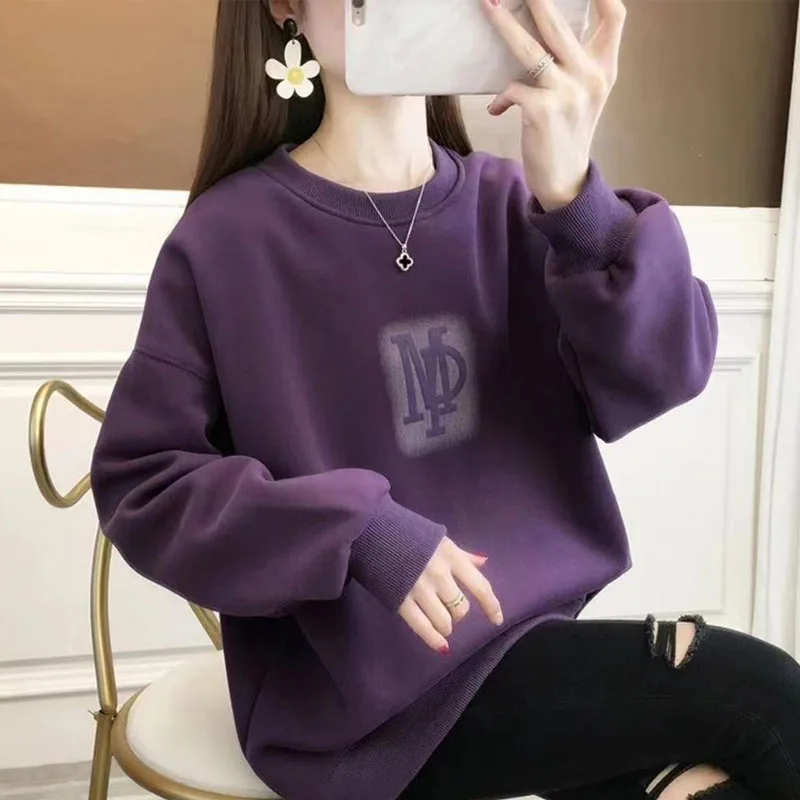 Autumn and Winter Fashion Trend Solid Color Plush Thickened Round Neck Versatile Loose Casual Style Women\'s Long Sleeve Sweater