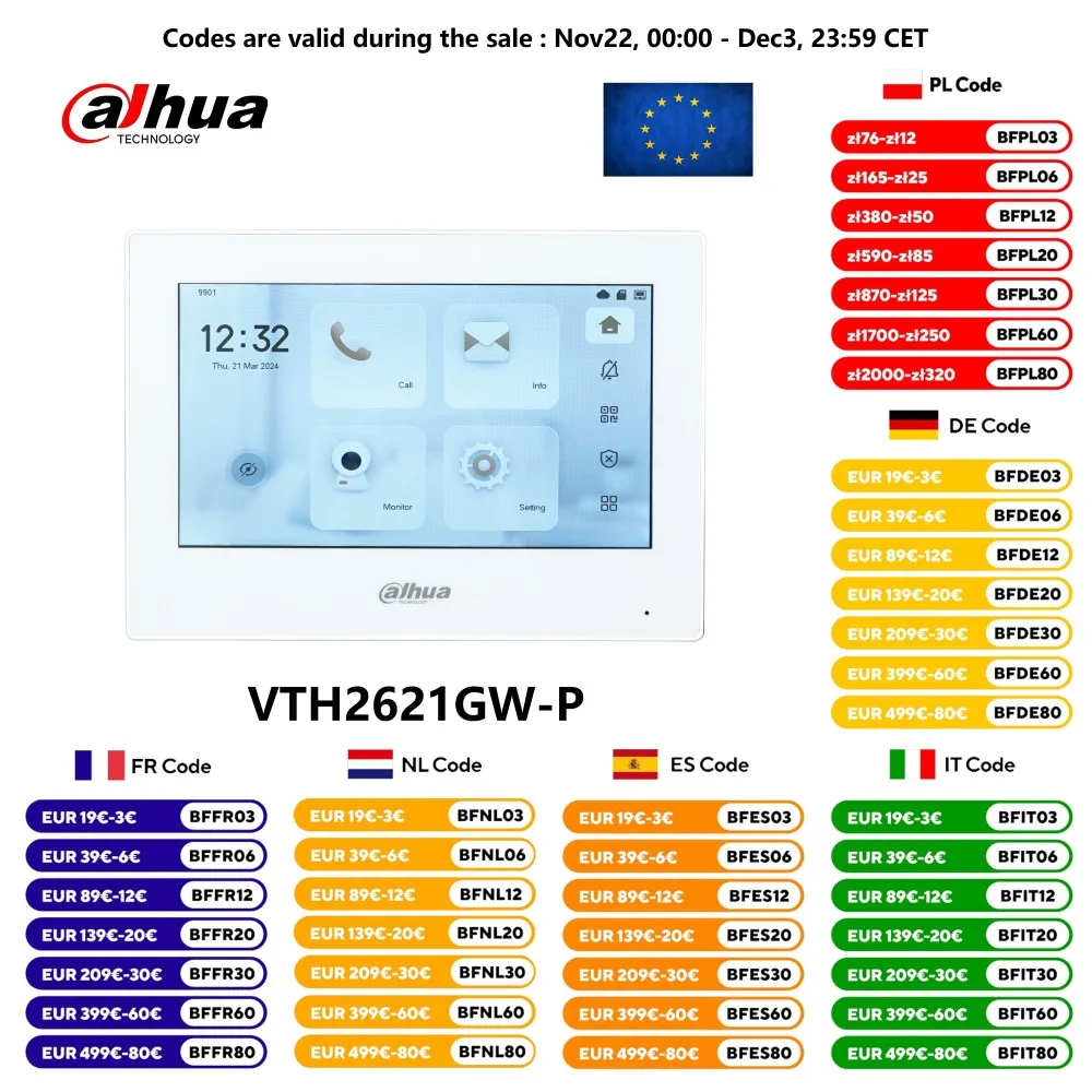 Dahua VTH2621GW-P VTH2621G-P 802.3af PoE 7inch Touch Indoor Monitor,doorbell Monitor,Video Intercom, Built-in 32GB SD card