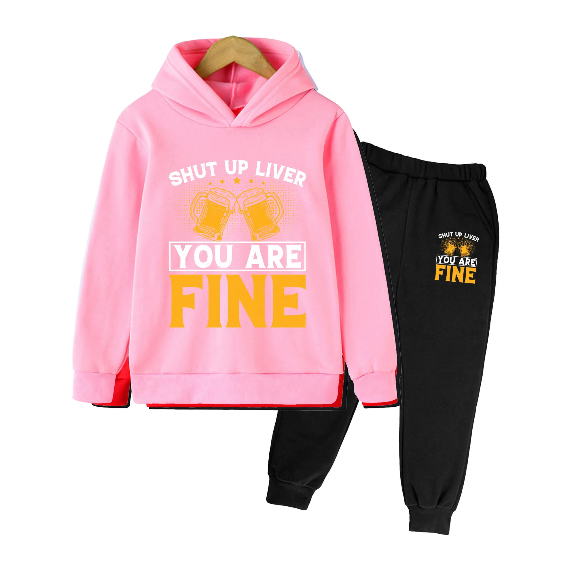Kids Hoodie & Sweatpants Set, Yellow Beer Toast Print Casual Outfit for Boys Girls Daily Wear & Party