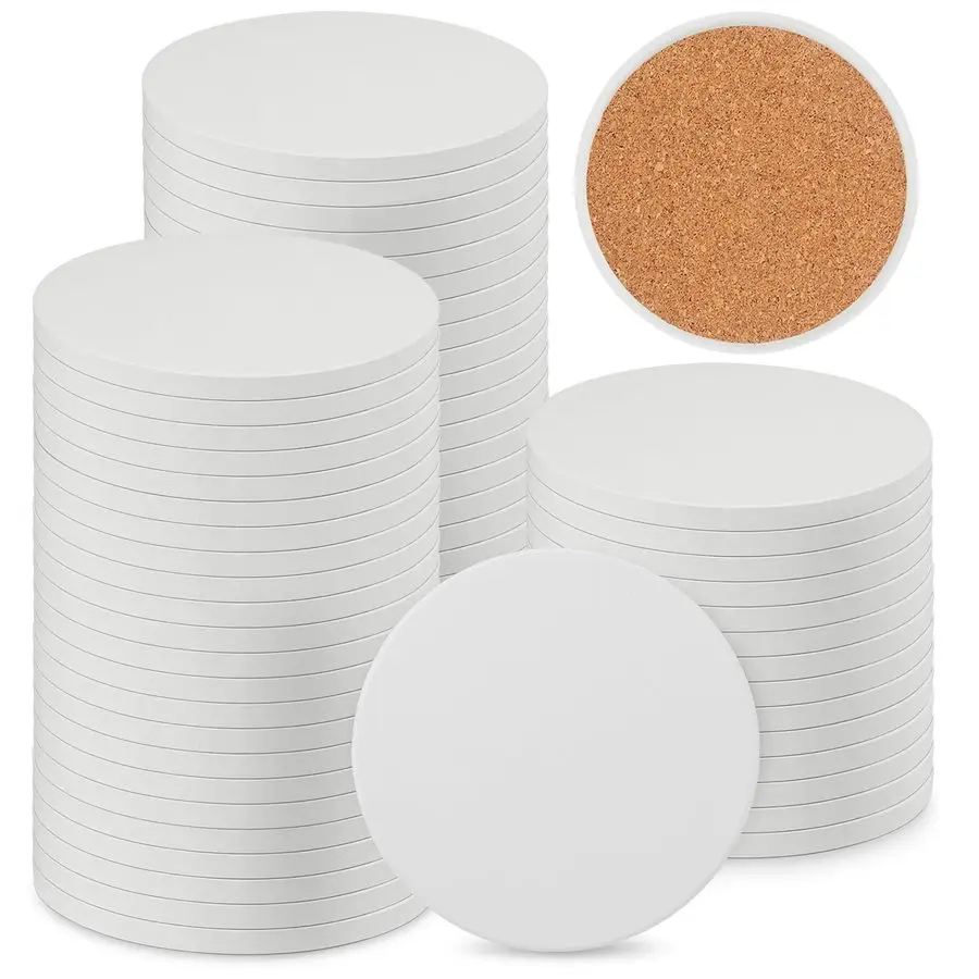 

60 шт. 4-дюймовые круглые пустые керамические подставки, подставки из неглазированной керамической плитки, керамическая плитка с пробковыми подкладками для покраски