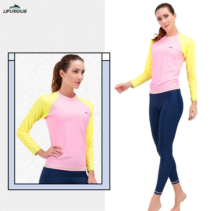 Women UPF50+ Long Sleeve T-shirt Lycra Swimsuit Tops UV ProtectionTriathlon Beach Water Sport Surfing Rash Guard Bathing Pants