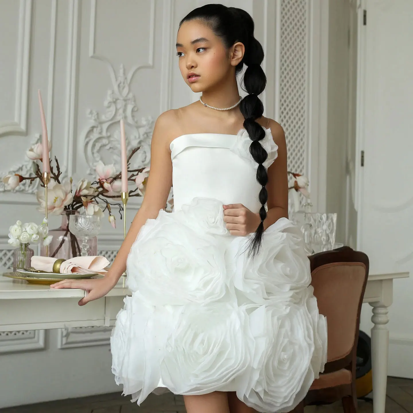 فستان فتاة فوشيا أنيق مع الزهور الصناعية الأبيض للأطفال الأميرة حفل زفاف وعيد ميلاد الأطفال ثوب J157