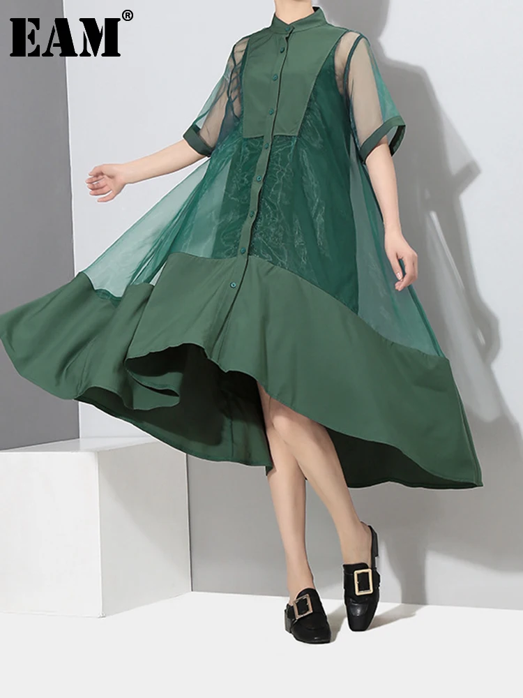 [EAM] Women Green Organza Irregular Shirt Dress New Stand Collar Half Sleeve Loose Fit Fashion Tide Spring Summer 2025 JT581