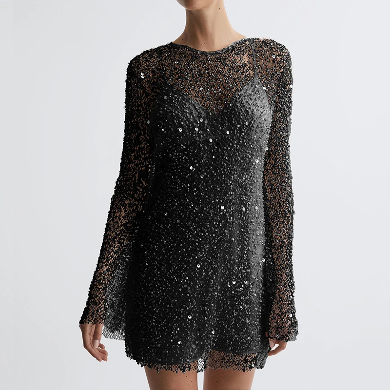 Vrouwen Elegante Splicing Solid Veelzijdige Jurk Chic O-hals Pailletten Holle Jurk Mode Jarretel Party Temperament Mini Jurken - afbeelding 1