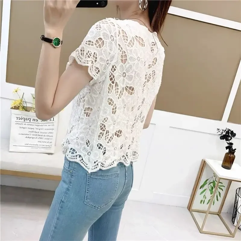 Summer New Paragraph Lace Knit Cardigan Women Korean Fashion Y2k Crop Tops Short Sleeve V-neck Cardigan Hollow Out Jacket