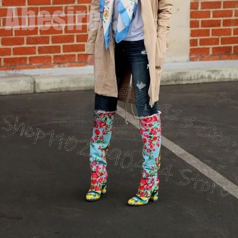 

Colorful Floral Embroidery Design Pointed Toe Boots Slip On Women Shoes Chunky High Heels Party Banquet 2025 Zapatos Para Mujere