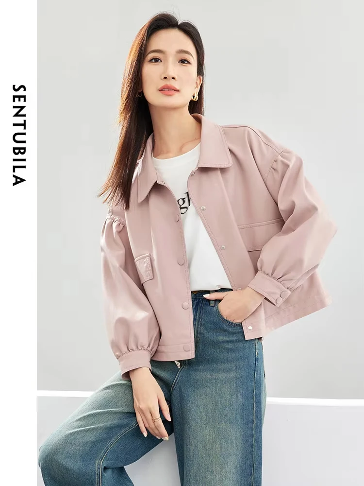 SENTUBILA Lantern Sleeve Leather Jacket Women 2024 Spring Autumn Simple Fashion New Lapel Loose Pocket Jackets Female W33G52538