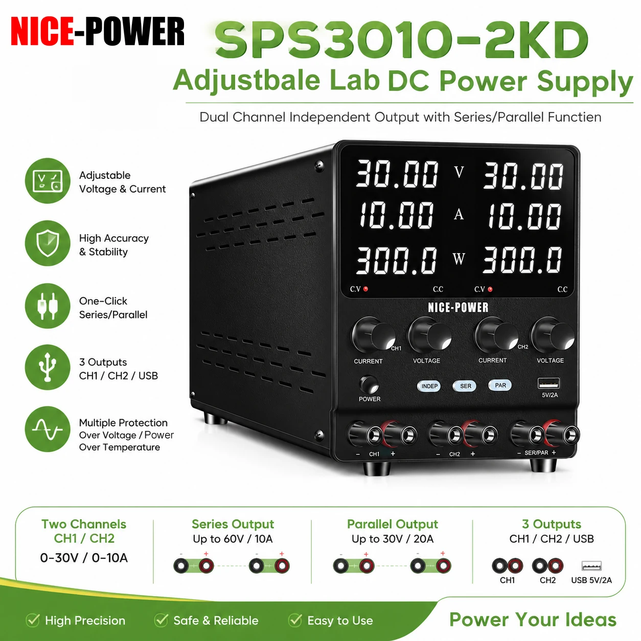 NICE-POWER SPS3010-2KD Einstellbares DC-Netzgerät 30V 10A 300W, Zweikanal Labor-Netzgerät, Tisch-Netzteil mit Reihen- und Parallelschaltung, 60V 10A/30V 20A USB-Ausgang