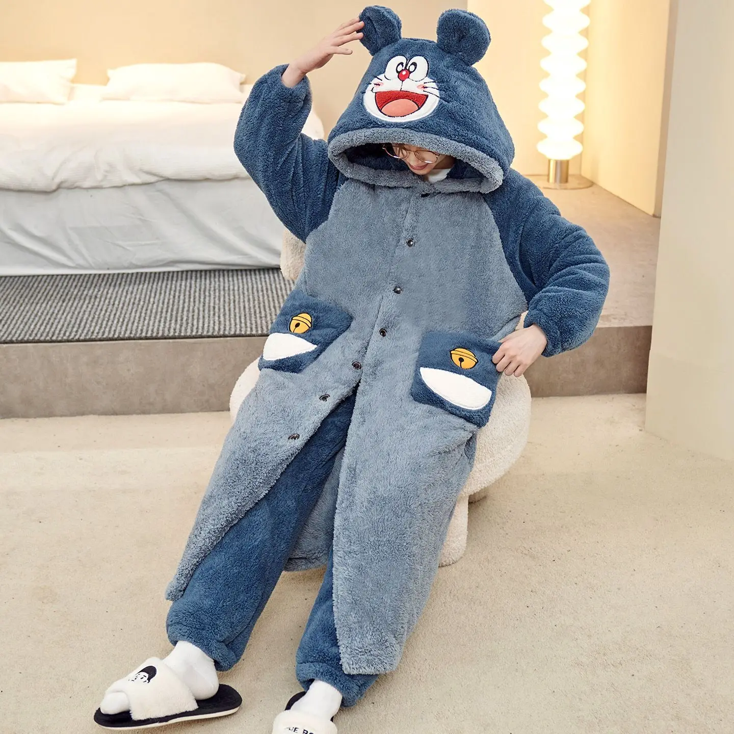 Men Crayon Shinchan Hooded Robe Pajama Set Thick Coral Fleece Long Bathrobe with Pants Warm Fluffy Cartoon Winter Home Sleepwear