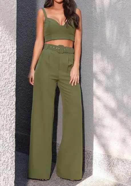 New Fashion Pants Set 2024 Women's Summer Commuting Style Solid Color Camisole Vest Loose Solid Color Pants Two-Piece Set