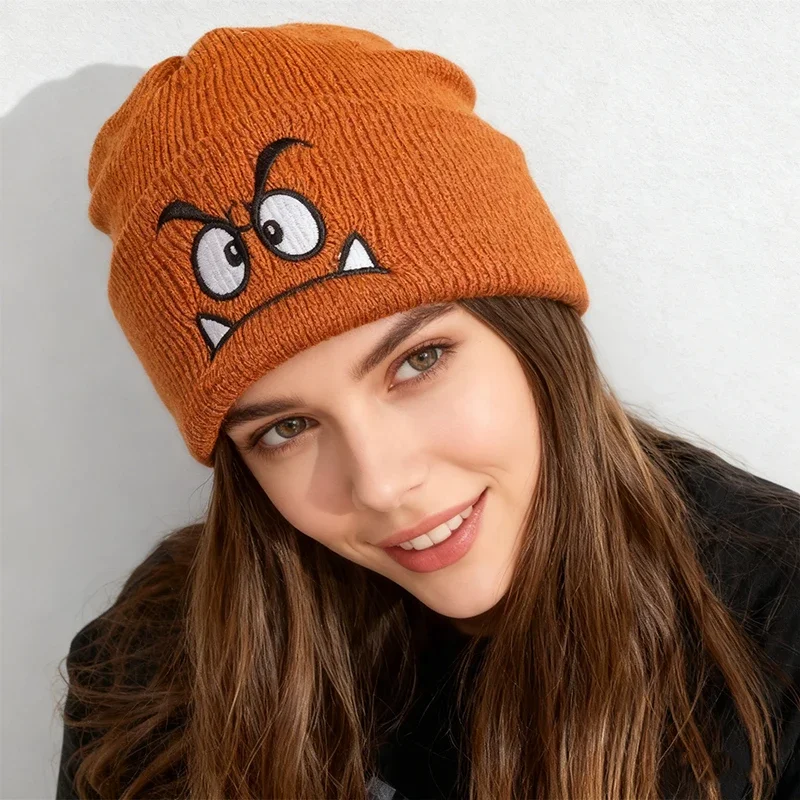 2026 Cartoon Angry Expression Embroidered Knitted Beanie Hat
