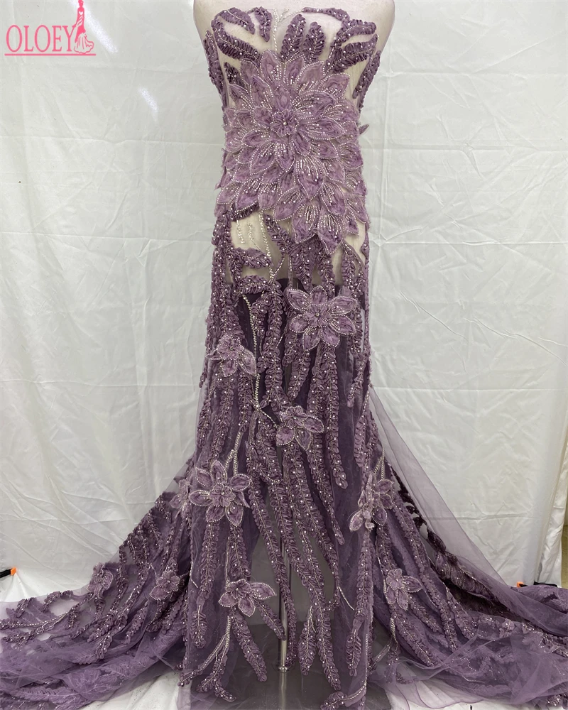 OLOEY-tela de encaje de tul francés africano de lujo, tela de encaje de lentejuelas nigerianas con cuentas de alta calidad para vestido de novia