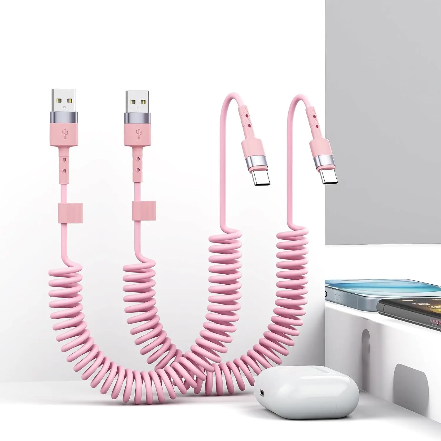2Pack USB to Type C Cable Coiled Charger Cord CarPlay & Android Auto for iPhone 17/16/15/Plus/Pro Max/Samsung Galaxy S23