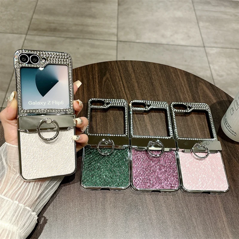 

For Samsung Galaxy Z Flip 5 6 5G ZFlip 5 Flip6 Glitter Ring Holder Stand PU Leather Backboard Electroplated Frame Phone Case