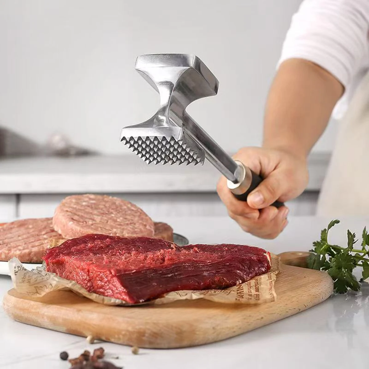 Martillo Ablandador de Carne Cuadrado de Doble Cara de Acero Inoxidable, Utensilio de Cocina Seguro para Alimentos para Chuletas de Cerdo, Filetes y Cocina Occidental
