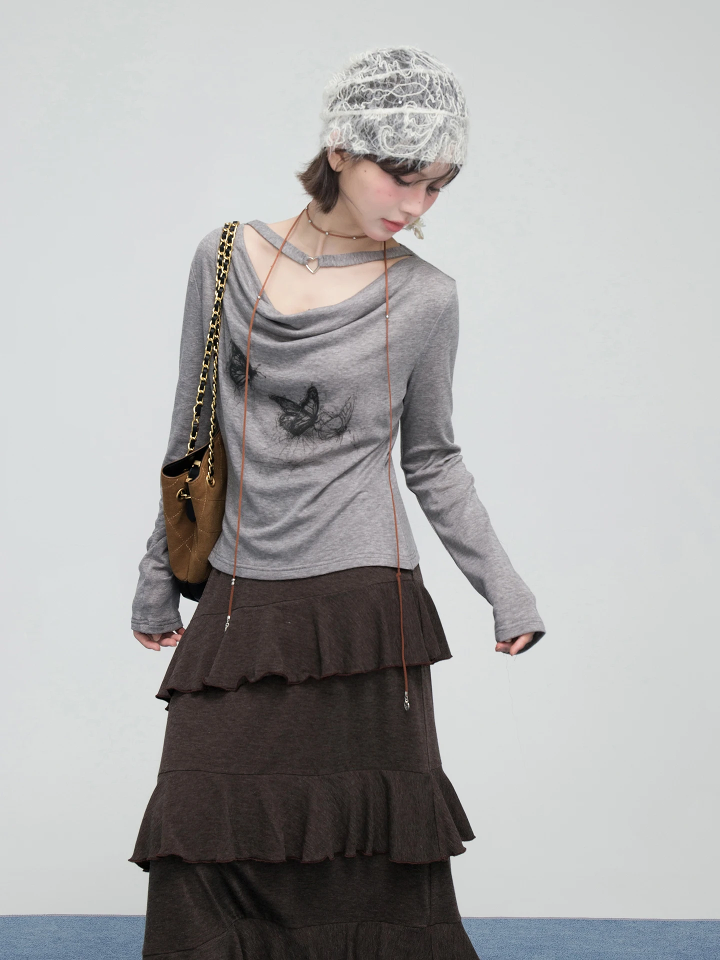 

ONEOFUUU ey Print Long Sve T-irt Chic Early Autumn Casual Sle Women's Top Pattern Turn-down Collar