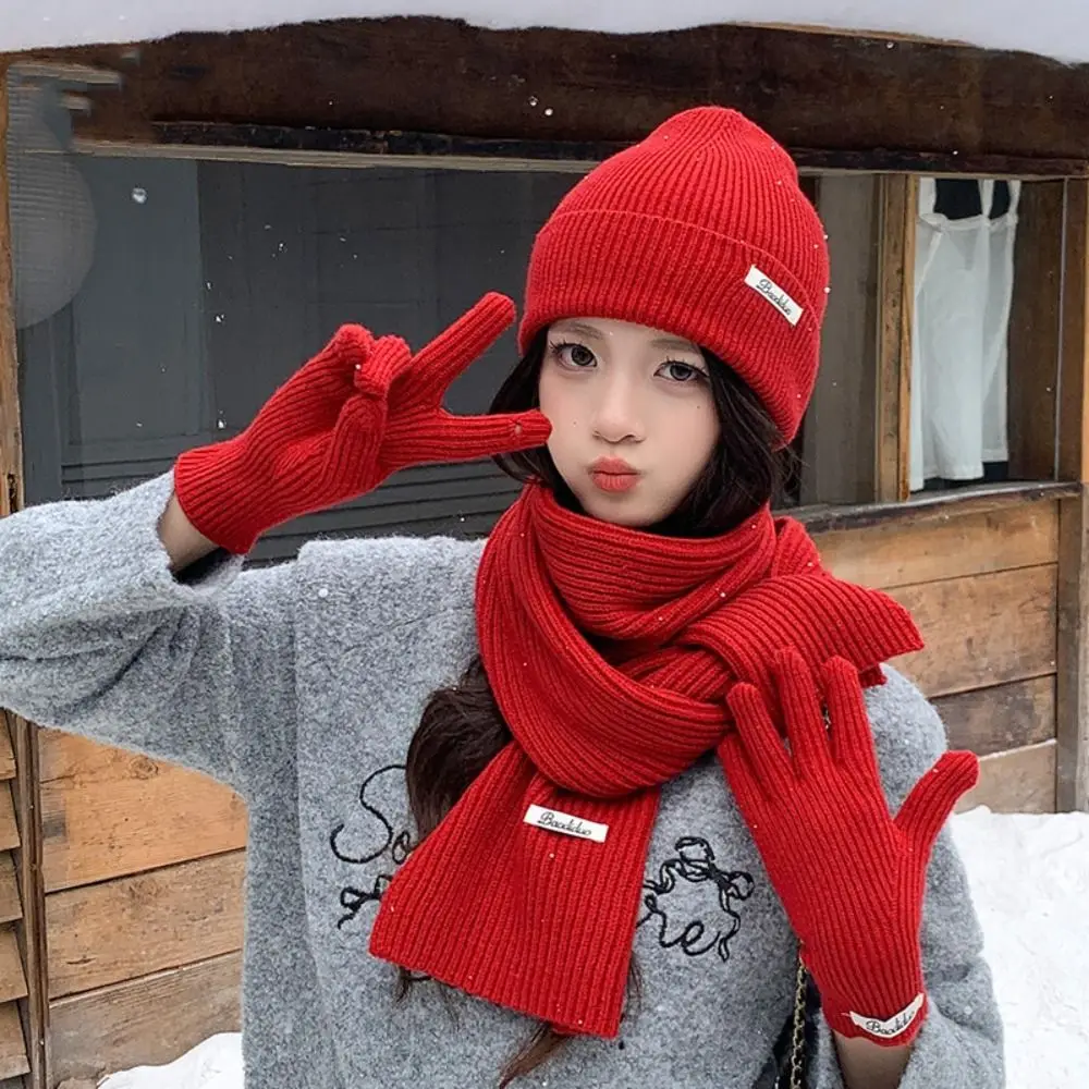 Set Sarung Tangan Syal Topi Pelindung Leher Warna Solid Topi Rajut Termal Tebal Hangat Pelindung Telinga Wol Topi Beanie Musim Dingin Luar Ruangan