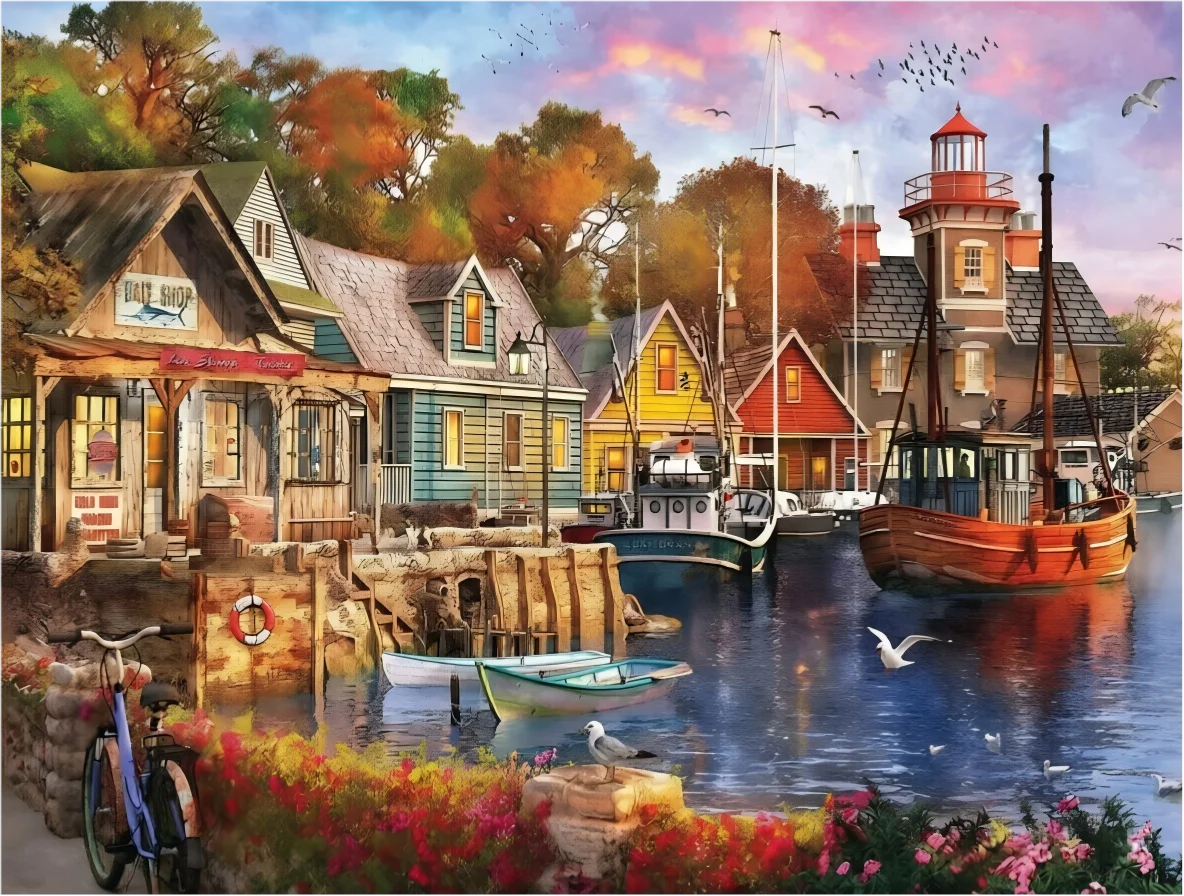Scenic Landscape Jigsaw Puzzle 500/1000/1200/2000pcs - Harbor,Fantasy Tree, Cottage & River View - Adult Relaxation DIY Toy Gift