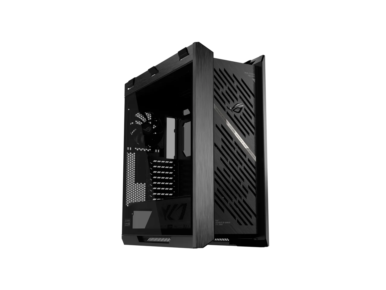 The ASUS ROG Strix Helios II is an EATX mid-tower gaming PC case featuring dual tempered glass panels and an aluminum diamond-grille design, four pre-installed fans for advanced cooling, and support for GPUs up to 450mm. It also includes a