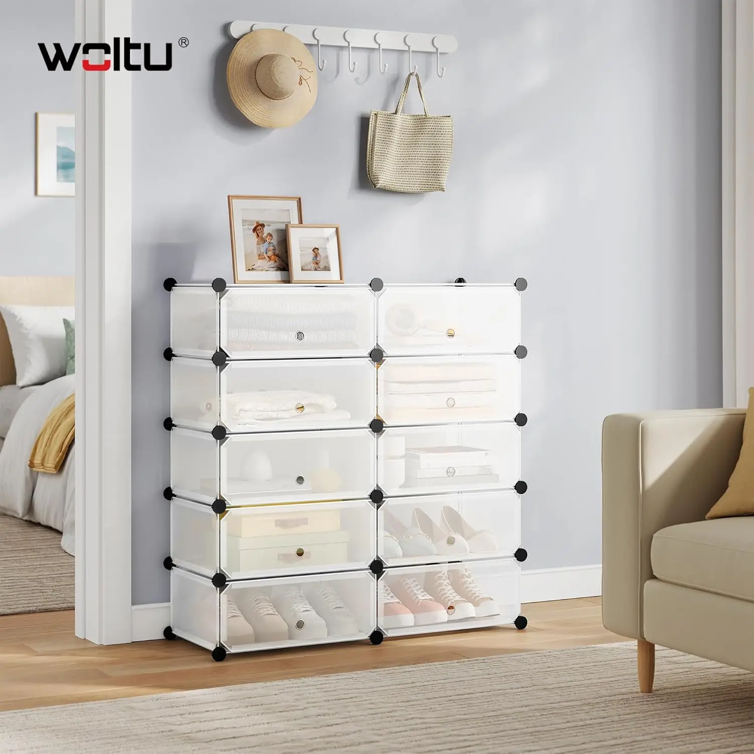 WOLTU DIY-Modul-Schuhregal, 47 x 35 x 170 cm, weiß, schwarz, modulares Schuhschrankregal mit 10 Ablagen, Aufbewahrung für Schlafzimmer, Wohnzimmer