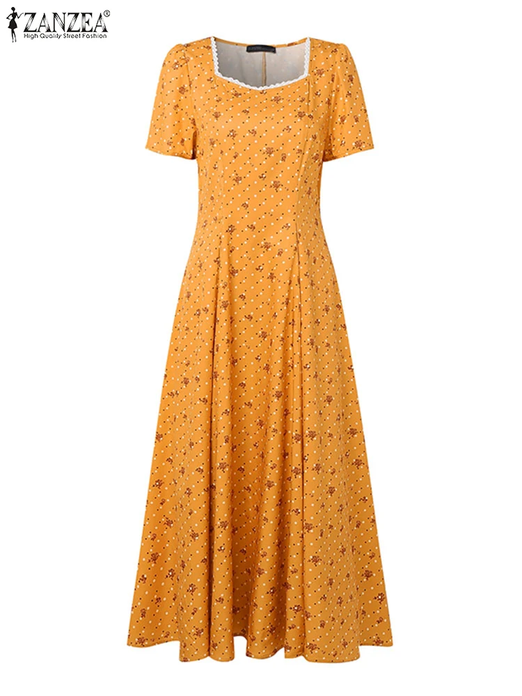 ZANZEA الصيف النساء عطلة فستان طويل 2025 البوهيمي الأزهار المطبوعة ألف خط فستان الشمس ساحة طوق قصيرة الأكمام الشاطئ Vestidos