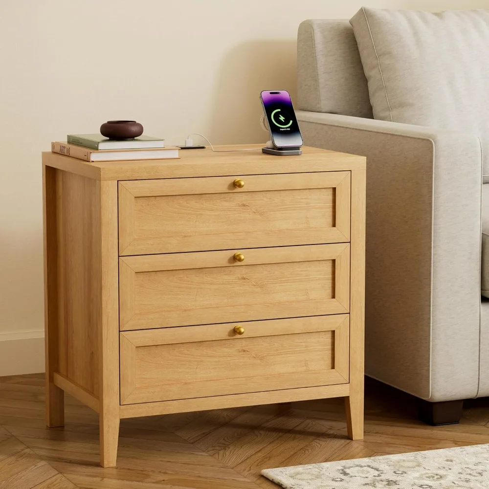

Large Nightstand Set of 2 with 3 Drawers, Farmhouse Bedside End Table with Charging Station, Modern Wood Night, Customized