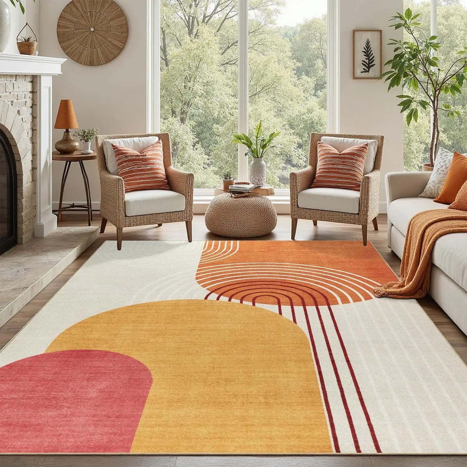 Extra Large 6x9 Mid Century Abstract Area Rug Orange Yellow Washable Stain Resistant Carpet for Dining Room Office Home Decor