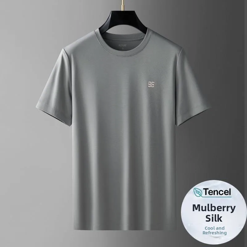 

Охлаждающая, приятная для кожи, высококачественная шелковая мужская летняя футболка из ледяного шелка с коротким рукавом, круглым вырезом, для повседневного и спортивного стиля
