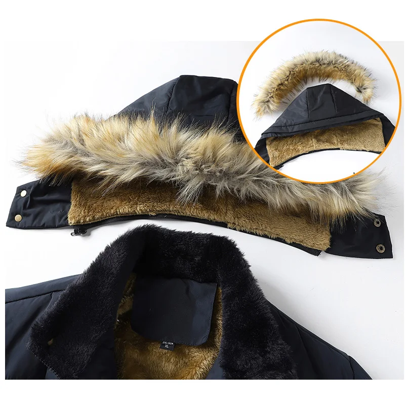 2022 New Black Mid-length Plus Velvet Thick Cotton-padded Jacket Winter Hooded Parka Hat Removable Coat Men Jaqueta Masculina