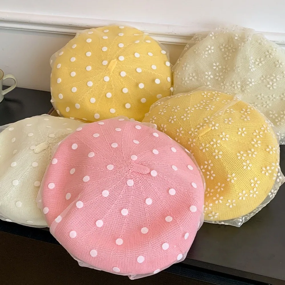 

Vintage Korean Polka Dot Berets Mesh New Knit Painter Caps Lace Y2k Beanie Cap Spring Summer