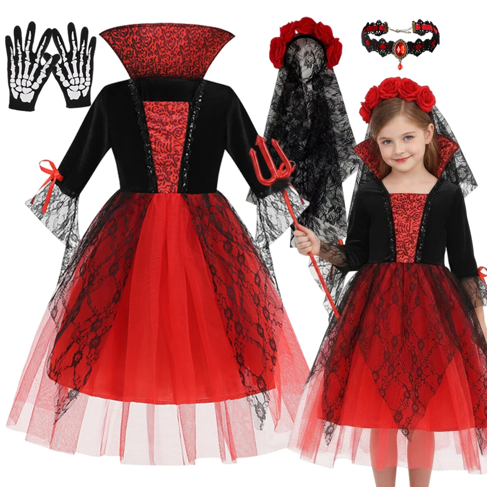 Girls Red Ghost Bride Gothic Halloween Cosplay Vampire Costume Dress Up Children Christmas Carnival Party Vestidos Clothes
