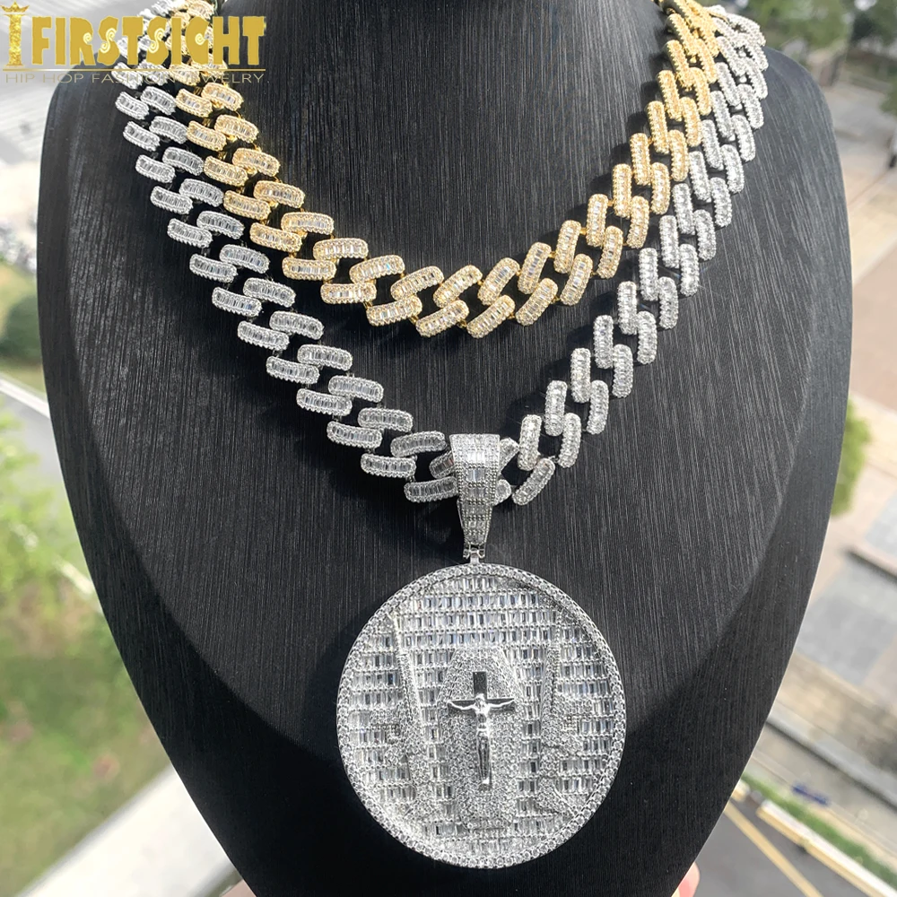 

New Luxury Gun Jesus Pendant Necklace Iced Out Bling With 15MM Cuban Chain Silver Color CZ Cross Round Charm Men Hip Hop Jewelry