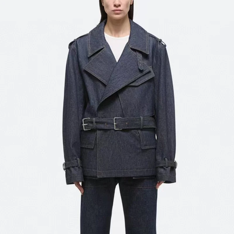 Haut de veste en jean vintage à revers pour femmes, veste à la taille à lacets, polyvalent à la mode, haute qualité, automne, nouveau, 2024, y2k