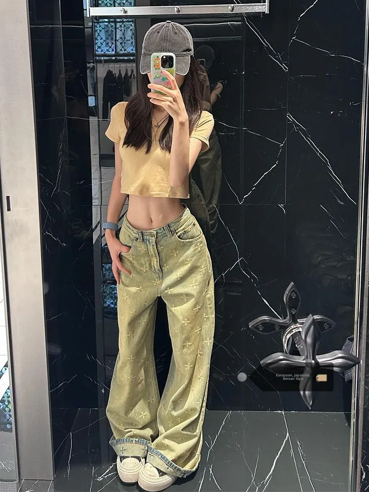 

High Waist Wide Leg Denim Jeans Women's Spring Summer New Style Worn Washed Cross Patterned Loose Fit American Style Jeans