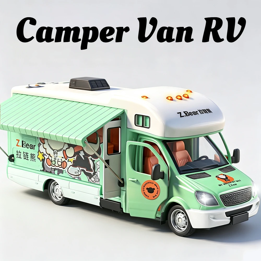 1:32 Cartoon Bear Camper Van RV Cars Models Toys Pull Back Miniature Motorhome with Light Music Vehicles for Kids Perfect Gifts