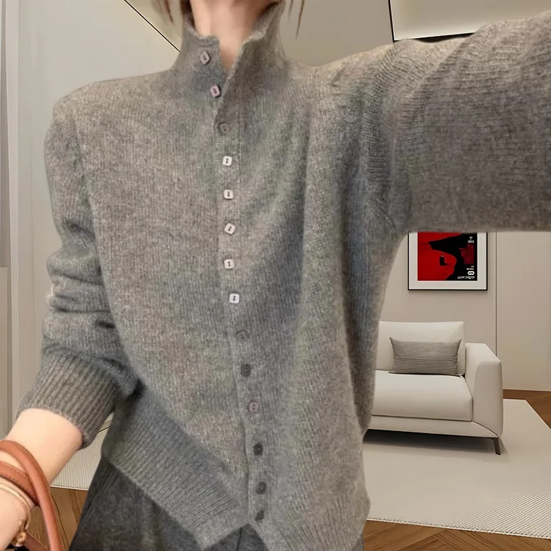 

Stand Up Collar Long Sleeved Knitted Cardigan for Women's Spring and Autumn New Style Simple Single Breasted Sweater