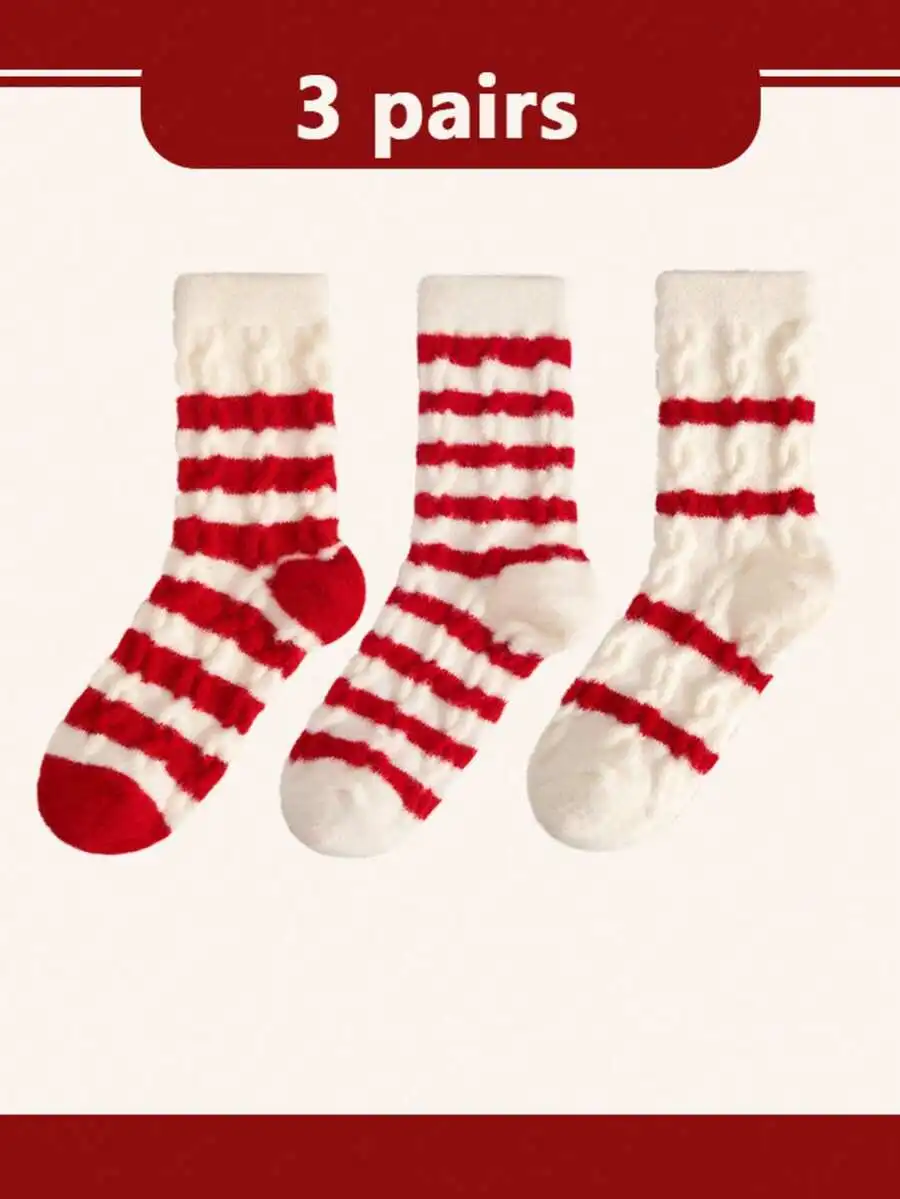 Calcetines térmicos cálidos hasta media pantorrilla de punto a rayas rojas y blancas, 3 pares