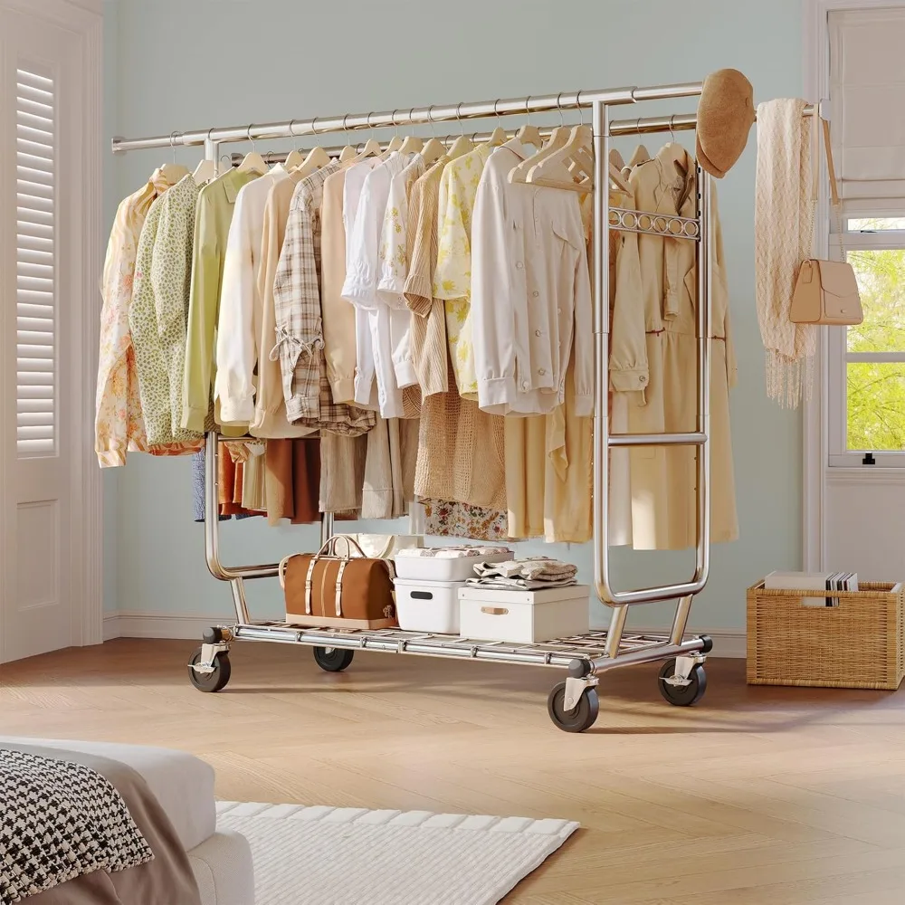 رف ملابس متحرك شديد التحمل بسعة 630 رطل، رف ملابس قابل للتعديل مع عجلات 75 وات × 68 ارتفاع × 22 دي للاستخدام التجاري #2