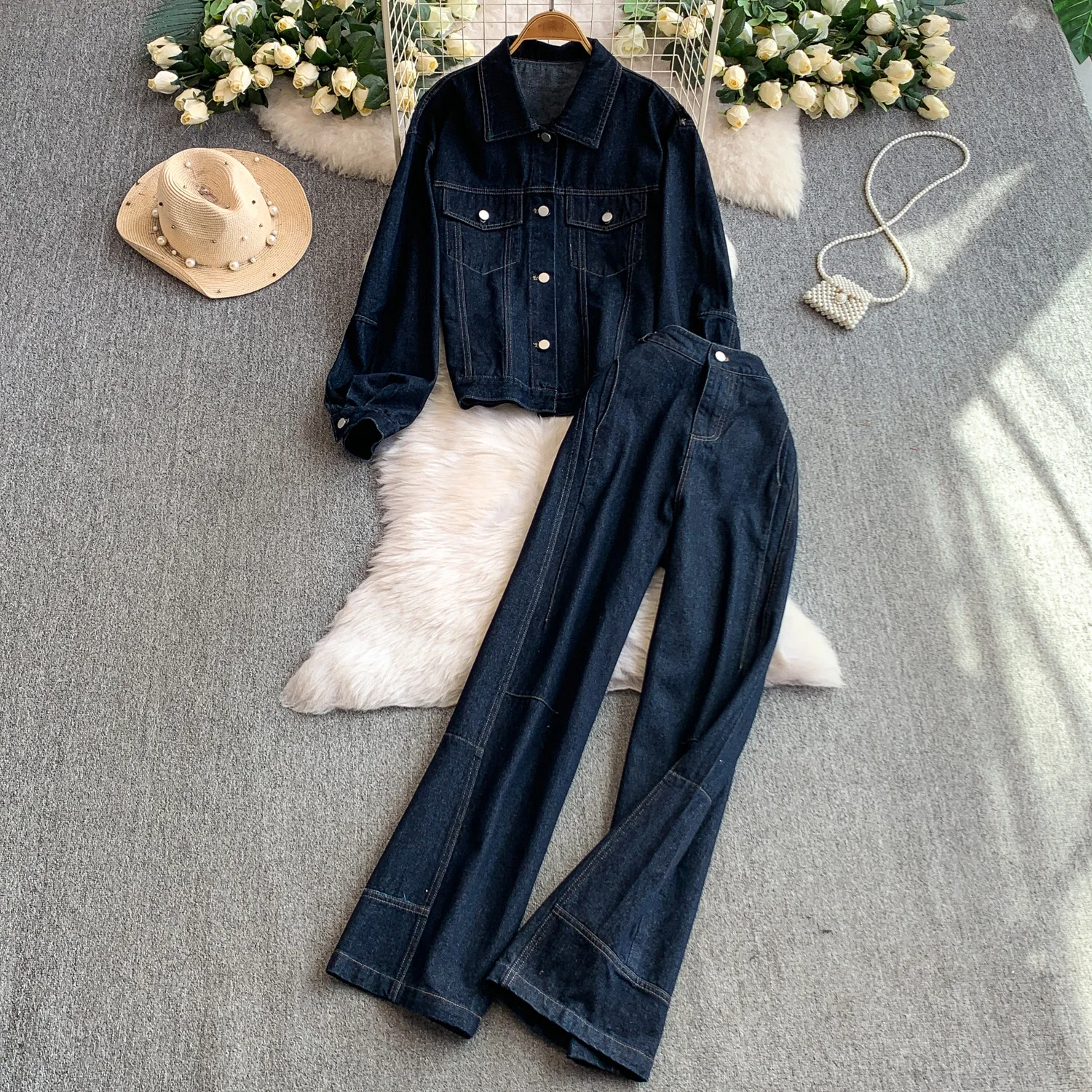 

Autumn Blue Jeans Two-piece Set Denim Lapel Jacket High Waist Flared Pants Sets French High Street Fashion Women Matching Suit